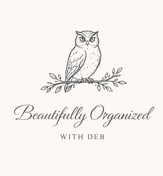 Beautifully Organized with Deb logo featuring a hand-drawn owl perched on a leafy branch